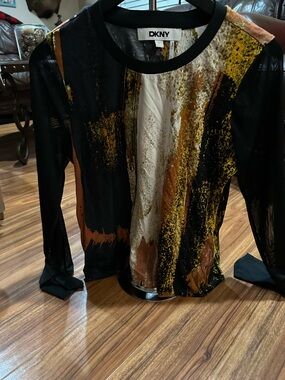 DKNY Black Multi-Color Abstract Brushstroke Long Sleeve Top